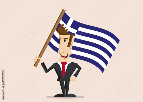 happy man in suit holds Flag of Greece