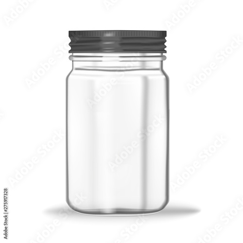 Glass mason jar isolated on white background, vector mock-up. Clear food container with screw metal lid, realistic illustration