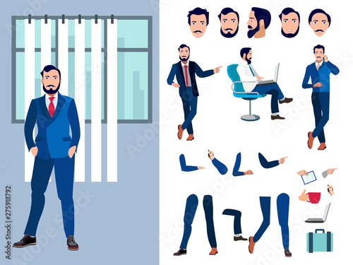 Big set for the animation of a businessman character on a white background. View straight, side, back flat
