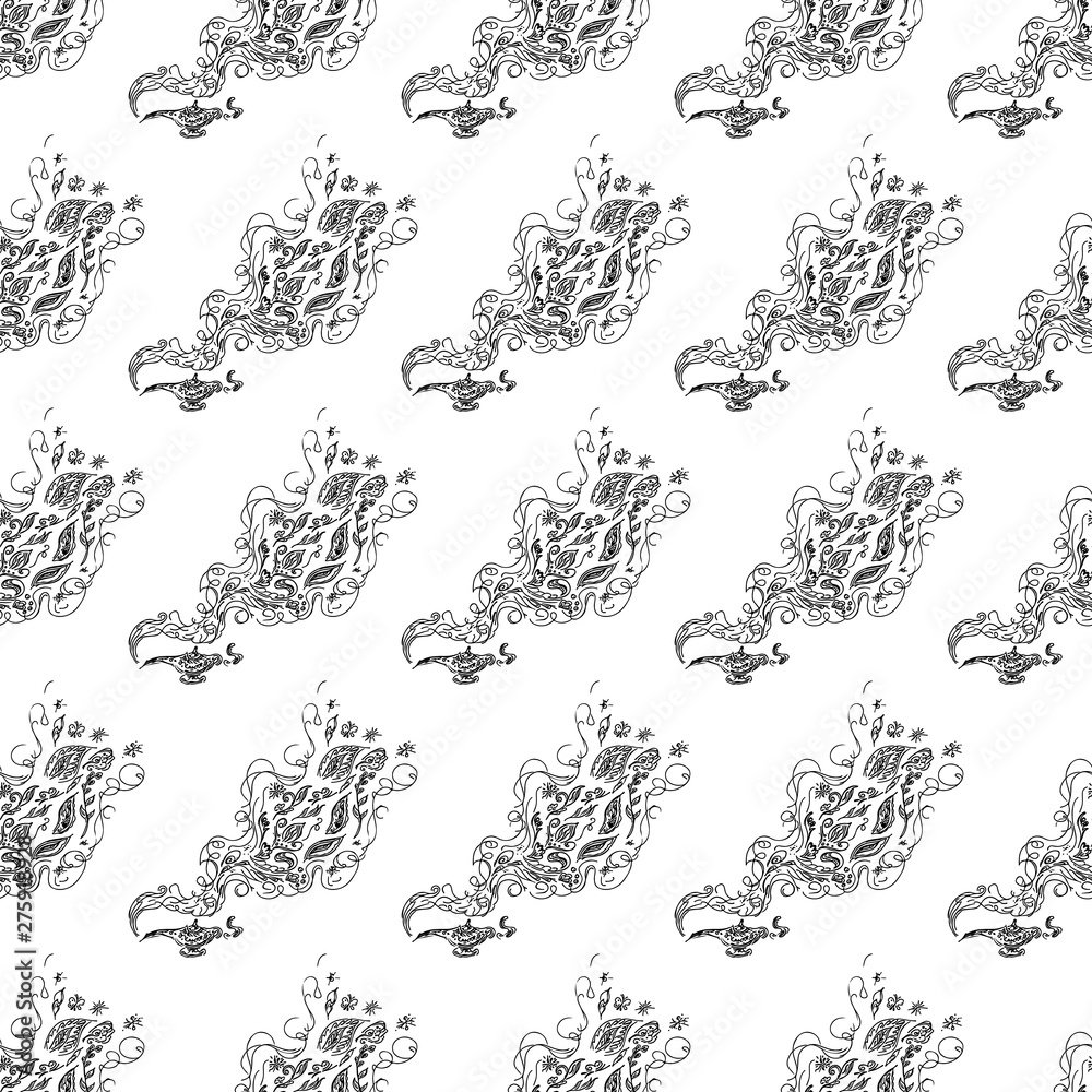 Seamless pattern of magic genies lamp isolated on white background. Set of seamless floral elements. Magic oil lamp line and solid icon, outline and filled vector sign. Hand drawn pattern. Outline