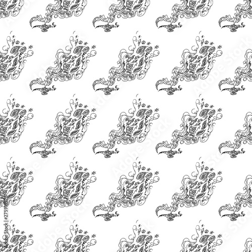 Fototapeta Naklejka Na Ścianę i Meble -  Seamless pattern of magic genies lamp isolated on white background. Set of seamless floral elements. Magic oil lamp line and solid icon, outline and filled vector sign. Hand drawn pattern. Outline