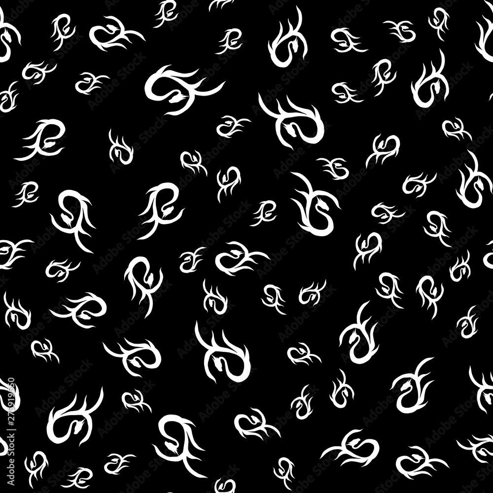 Seamless pattern of hand drawn vector dragon isolated on black background. Fantastic dragon icon. Freehand seamless silhouette of mythology aminal. Fantasy outline illustration Seamless pattern of hand drawn vector dragon isolated on black background. Fantastic dragon icon. Freehand seamless silhouette of mythology aminal. Fantasy outline illustration