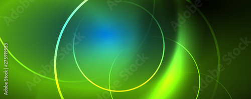 Trendy neon blue abstract design with waves and circles. Neon light glowing effect. Abstract digital background. © antishock