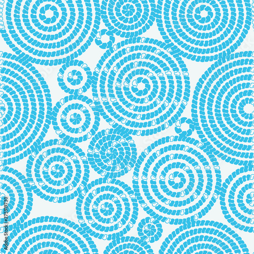 Seamless pattern with circles from bricks. Circles, tiles, bricks. Abstract bright blue circles on a white background. Ideal for textiles, fabrics, clothing design, paper, summer clothes.