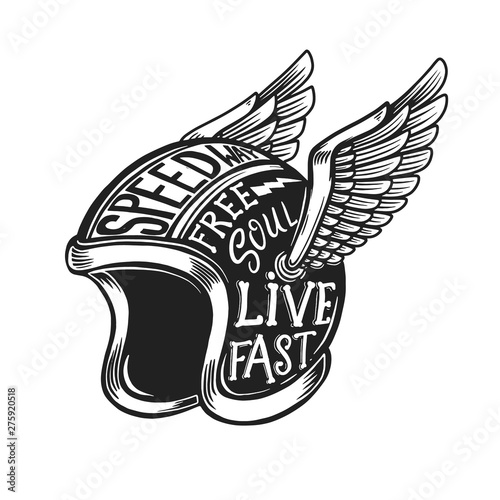 Winged motorcycle helmet with lettering on light background. Design element for logo, label, sign, poster, banner, t shirt. Vector illustration
