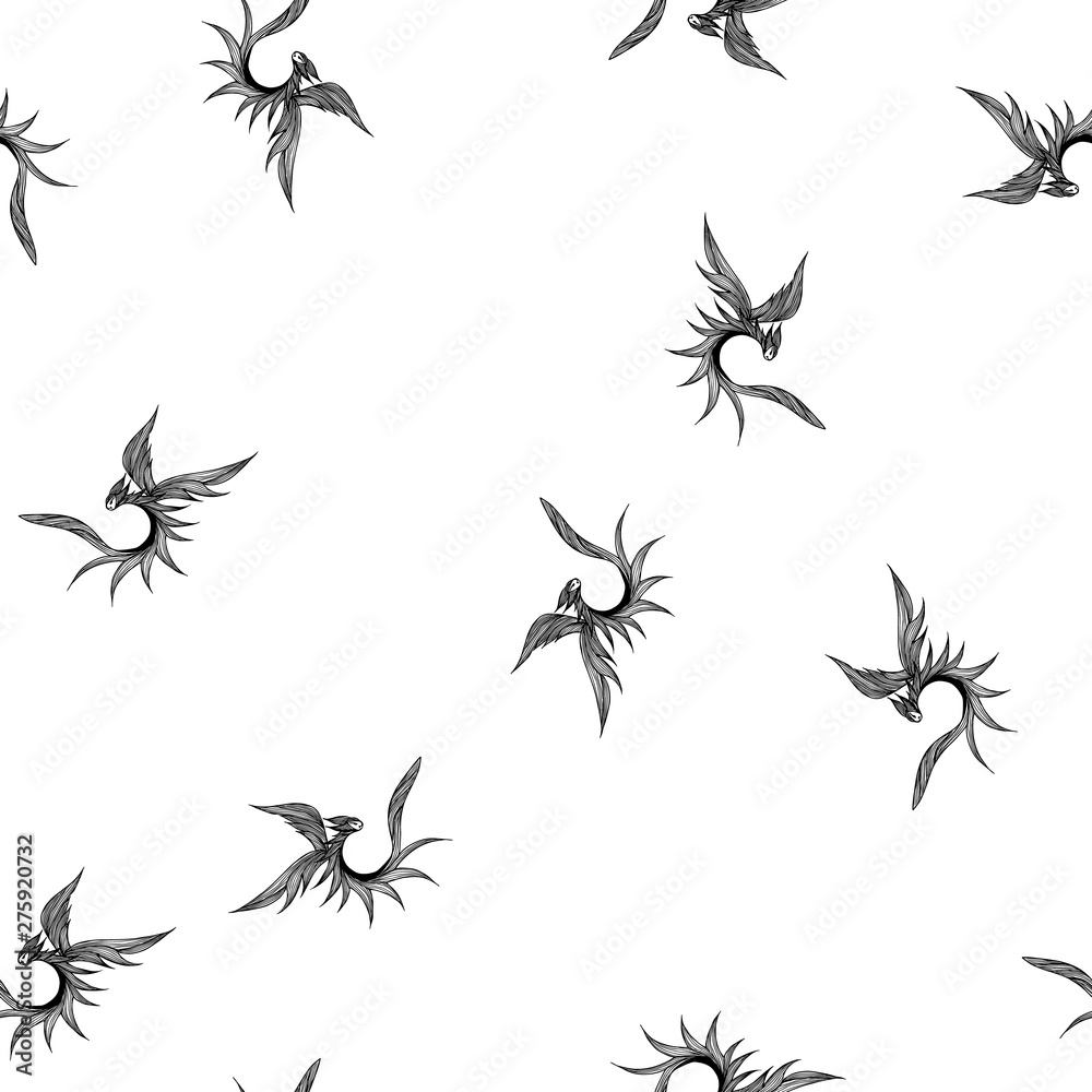 Seamless pattern of hand drawn vector dragon isolated on white background. Fantastic dragon icon. Freehand seamless silhouette of mythology aminal. Fantasy outline illustration