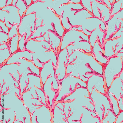 Watercolor seamless pattern with underwater red coral