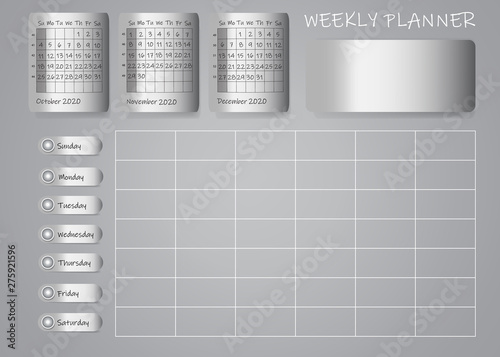 Calendar for fourth quarter of 2020 year with weekly planner chart and blank label for notes on metallic sheets. Week start Sunday.