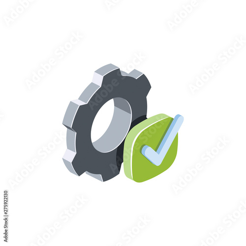 Gears check marck, settings. Vector 3d isometric color icon new flat style. Creative illustration, idea for infographics.