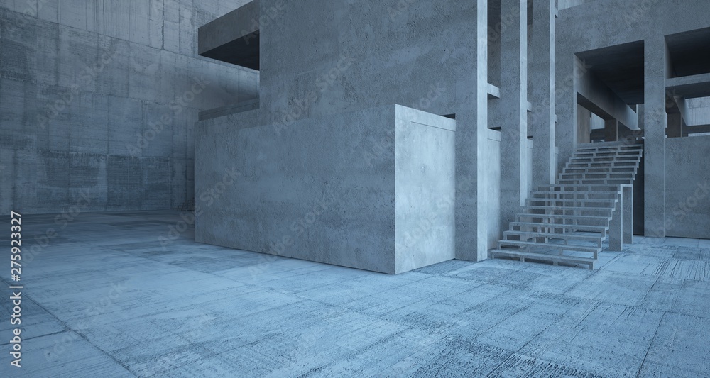 Abstract architectural concrete interior of a minimalist house. 3D illustration and rendering.