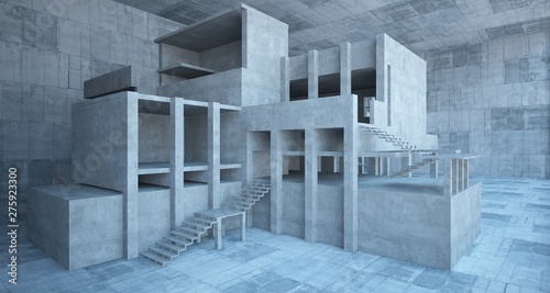 Abstract architectural concrete interior of a minimalist house. 3D illustration and rendering.