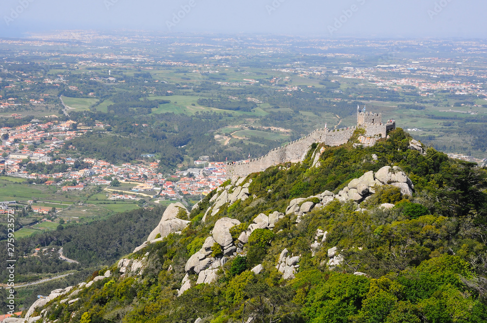 Castle of the Moors (Castelo dos Mouros) and the city of Sintra, panorama view from the Pena Palace (Portugal)