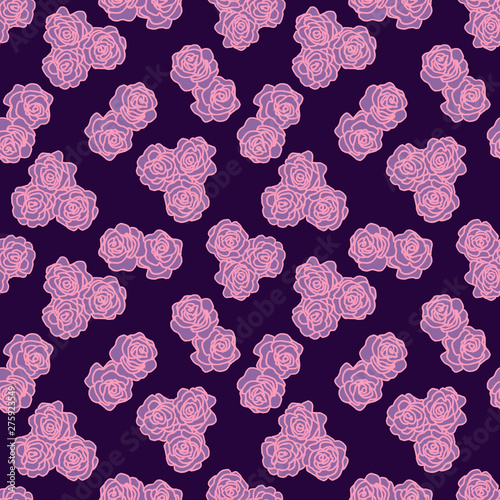 Seamless pattern with delicate pink flowers on black background. Cute pattern for wedding cards decor, Wallpaper, website design.