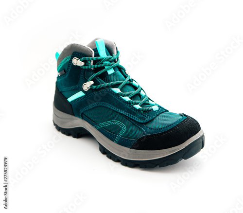 One hiker green mountain sport boot, isolated on white background. Activity equipment concept.