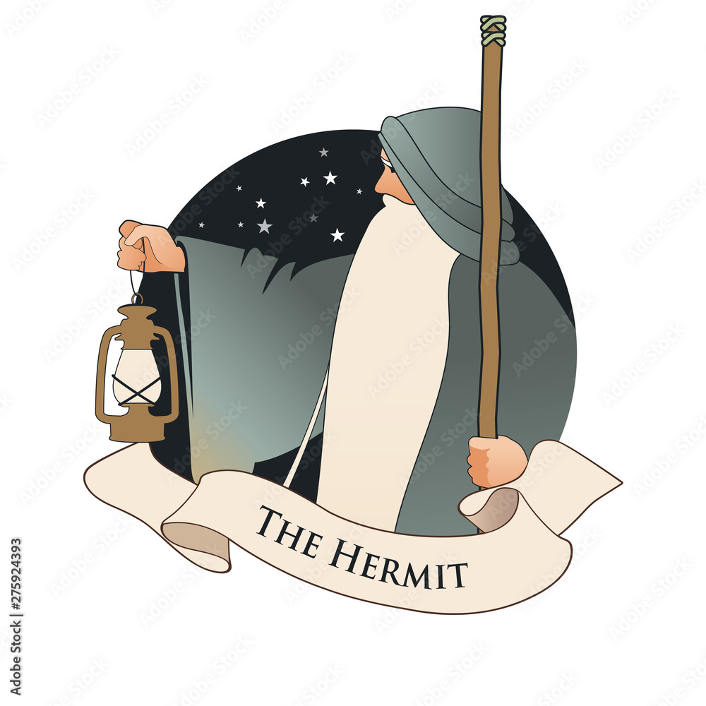 Vecteur Stock Major Arcana Emblem Tarot Card. The Hermit. Old man with a  long beard, wearing a long hooded robe, leaning on a staff and illuminating  his path with an old lamp,