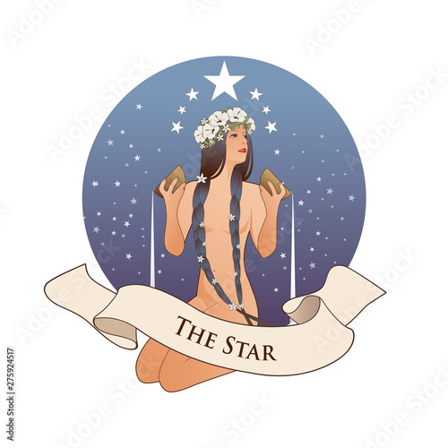 Major Arcana Emblem Tarot Card. The Star. Beautiful girl naked under stars, pouring water from two golden bowls, isolated on white background