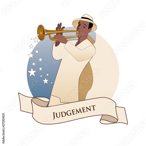 Major Arcana Emblem Tarot Card. Judgement. Archangel with great wings, wearing hat playing the trumpet, isolated on white background