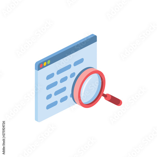 Window search, find code. Vector 3d isometric color icon new flat style. Creative illustration, idea for infographics.