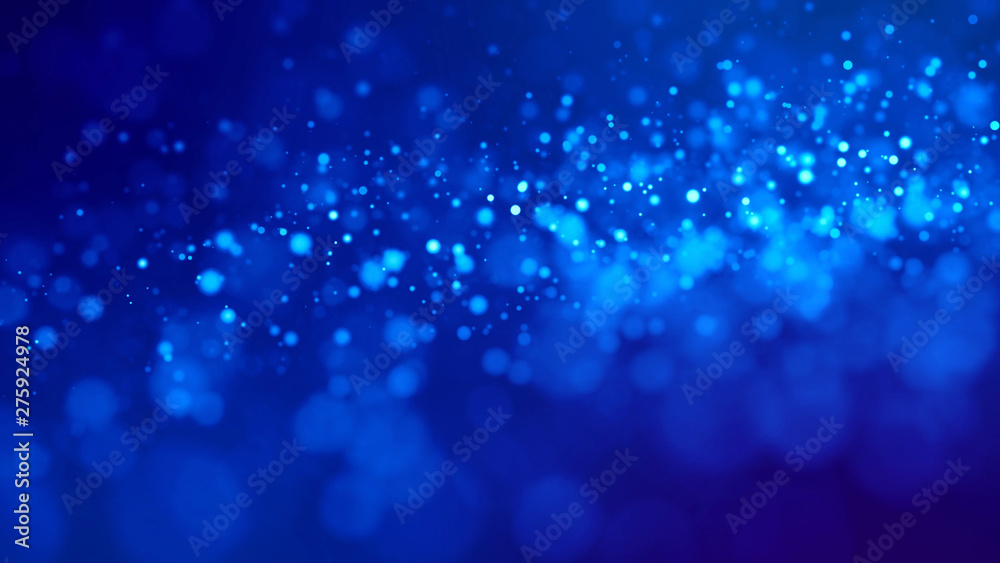 glow blue particles on blue background are hanging in air for bright festive presentation with depth of field and light bokeh effects. Version 1