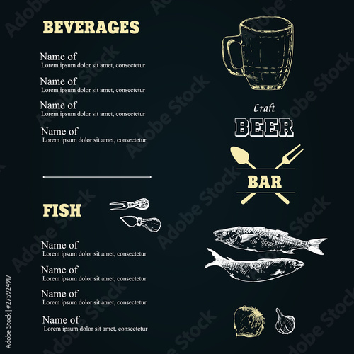 Beer sketch vector elements in black chalk board or menu. Drawing hand drawn items, beer bottle and mug, sardines onion, garlic and beerhouse logo. Vintage illustration.