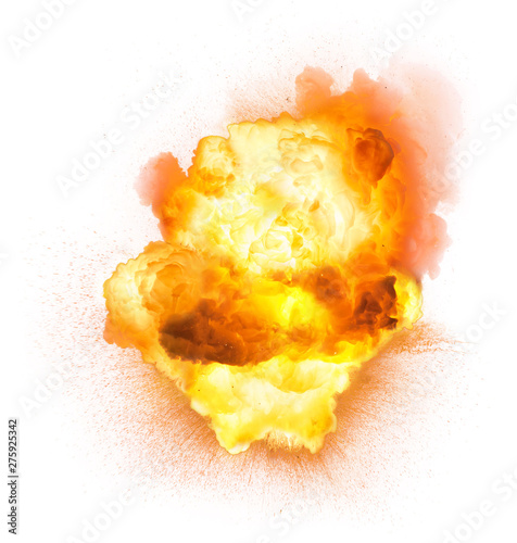 Realistic fiery explosion over a white background