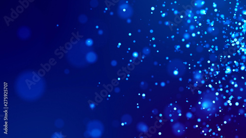 Microcosm. Glow blue particles on blue background are hanging in air for bright festive presentation with depth of field and light bokeh effects. Version 29