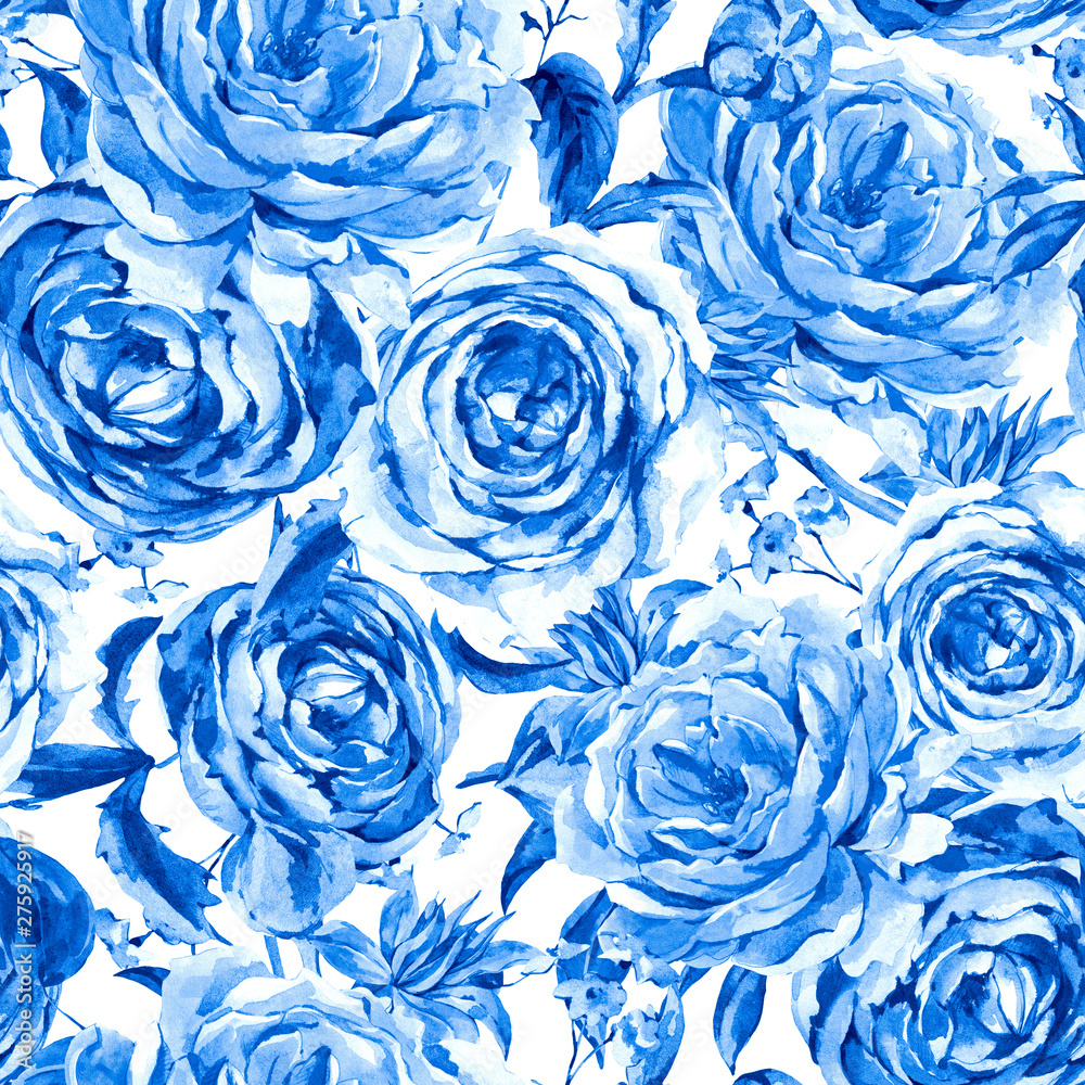 Blue Monochrome Roses Watercolor Vintage Floral Seamless Pattern, Watercolor Bouquet of Roses and Wildflowers