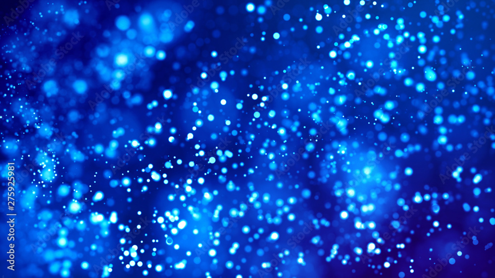 Science fiction. Glow blue particles on blue background are hanging in air for bright festive presentation with depth of field and light bokeh effects. Version 15