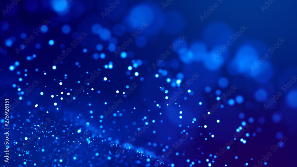 Fototapeta premium Science fiction. Glow blue particles on blue background are hanging in air for bright festive presentation with depth of field and light bokeh effects. Version 25