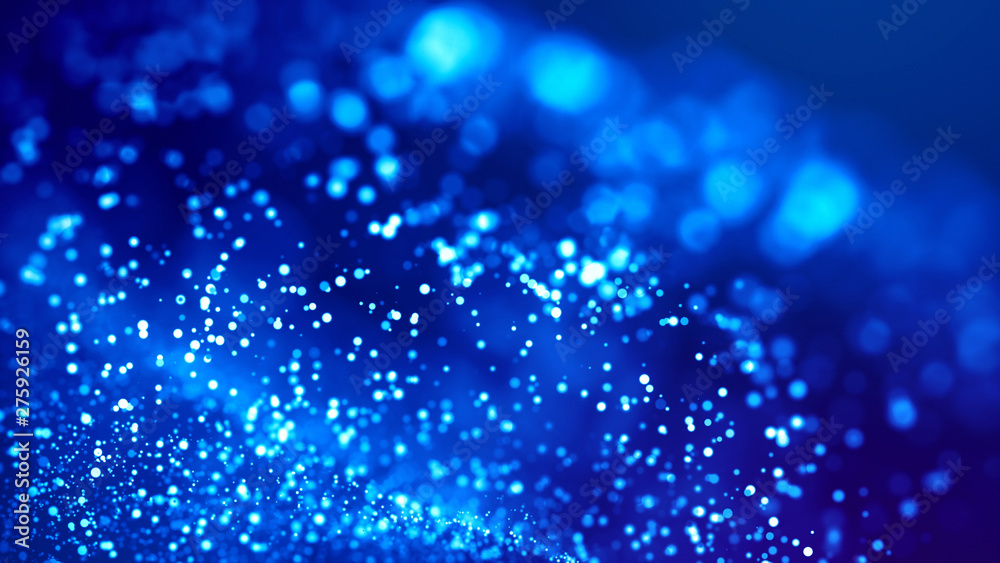 Science fiction. Glow blue particles on blue background are hanging in air for bright festive presentation with depth of field and light bokeh effects. Version 27