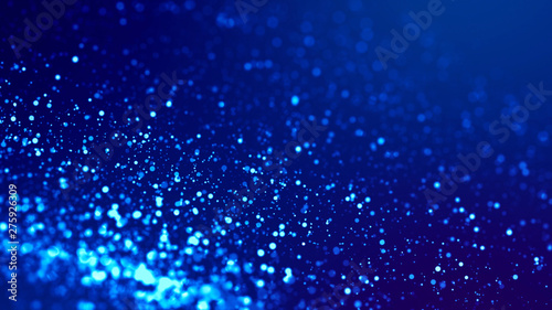 Sci-fi background. Glow blue particles on blue background are hanging in air for bright festive presentation with depth of field and light bokeh effects. Version 11