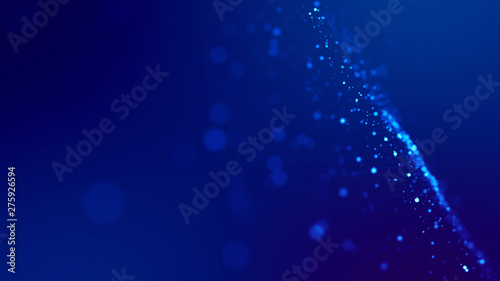 Micro world. Glow blue particles on blue background are hanging in air for bright festive presentation with depth of field and light bokeh effects. Version 18