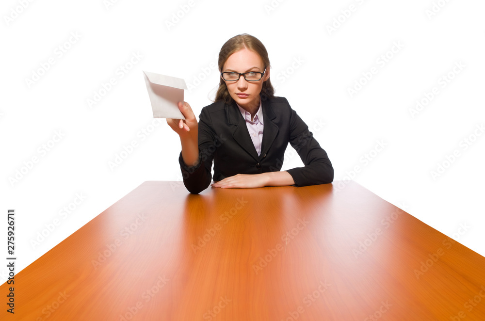Female employee sitting at long table isolated on white Female employee sitting at long table isolated on white