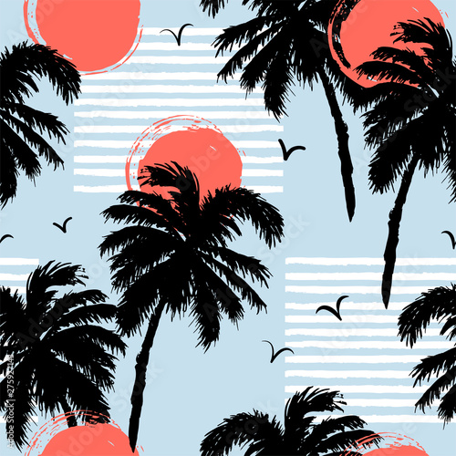 Seamless pattern with palm trees, sun. Vector illustration.