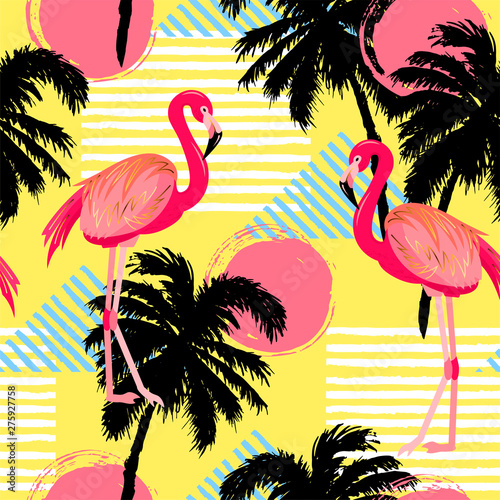 Bright semless pattern with pink flamingo, palm tree and sun. Vector illustration.
