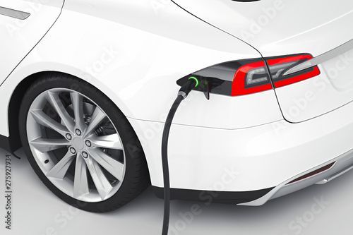 Close up of the power supply plugged into an electric car. 3d rendering.