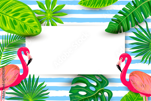 Pink flamingos, exotic tropical leaves and paper sheet vector illustration. Place for your text. Seasonal template for vacation, poster, banner, flyer, invitation, pool party, sale, announcement.