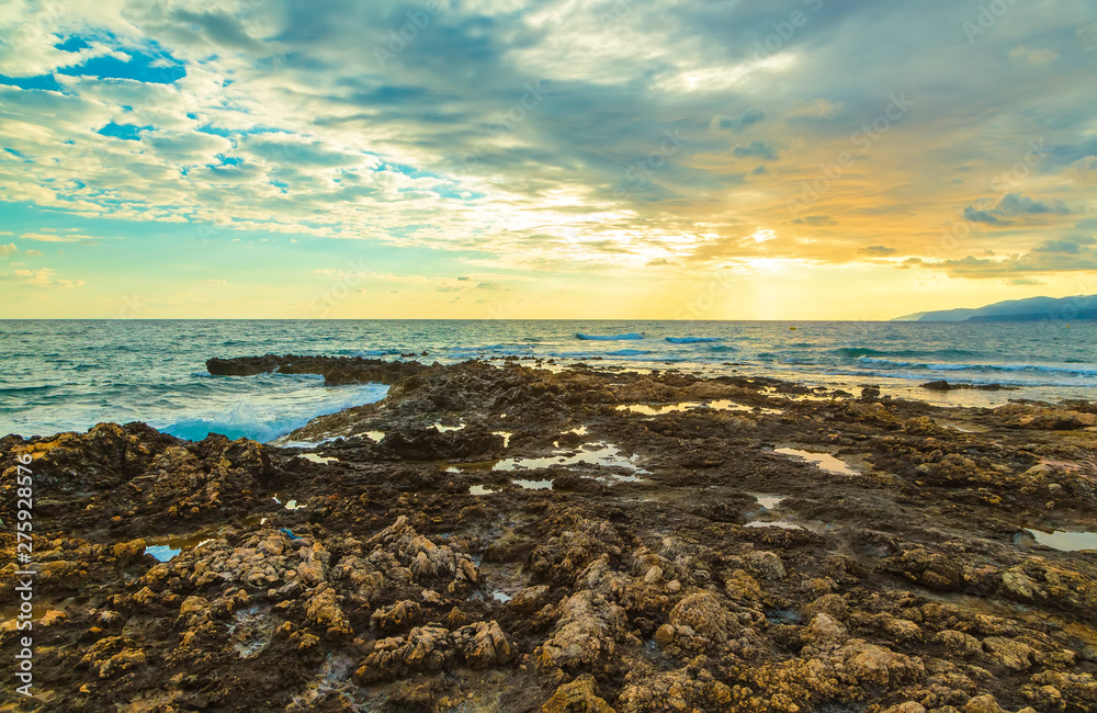 Colorful summer sunset from coast of Crete Greece., Mediterranean sea, Europe.