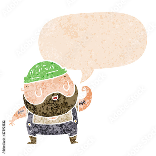 cartoon dock worker and speech bubble in retro textured style