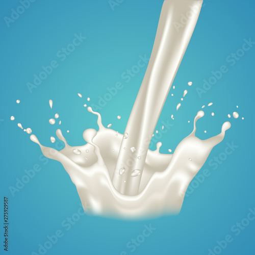 Realistic milk flow and splash  isolated on blue background.