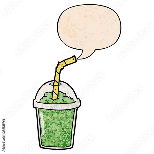 cartoon iced smoothie and speech bubble in retro texture style