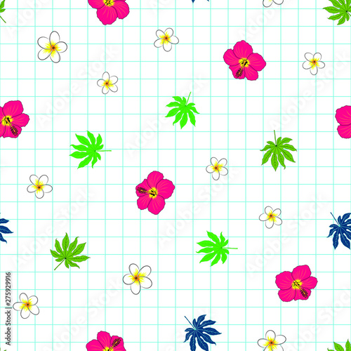 vector version. tropical leaves and flowers on math notebook inspired background.