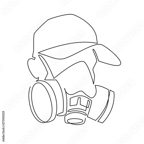 Continuous one line drawing respirator mask illustartion. Graffiti artist in cap