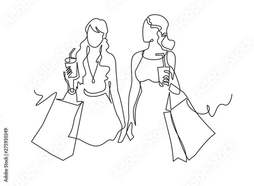 Continuous one line drawing two woman with shopping bags in their hands.