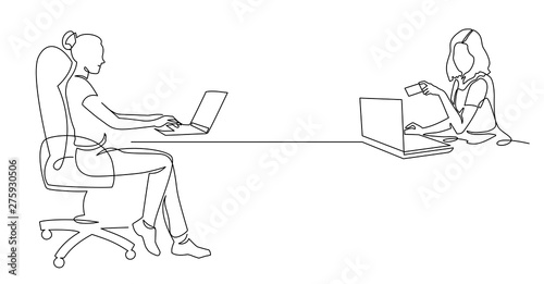 Two office workers at work using laptop continuous one line drawing.