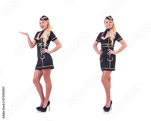 Young airhostess holding hands isolated on white