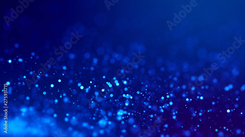 glow blue particles on blue background are hanging in air for bright festive presentation with depth of field and light bokeh effects. Version 12