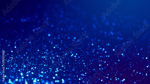 Sci-fi background. Glow blue particles on blue background are hanging in air for bright festive presentation with depth of field and light bokeh effects. Version 12