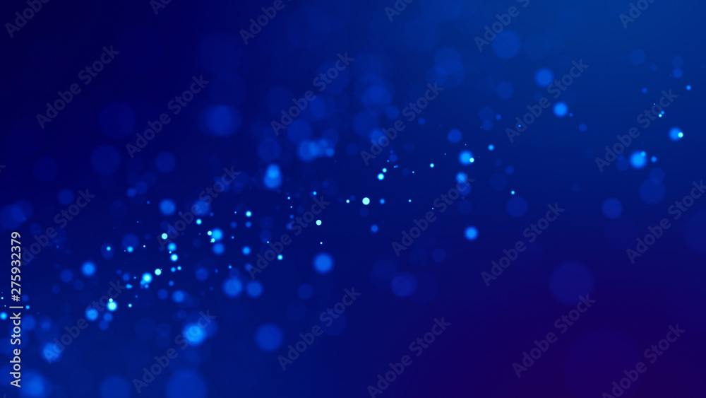Micro world. Glow blue particles on blue background are hanging in air for bright festive presentation with depth of field and light bokeh effects. Version 17