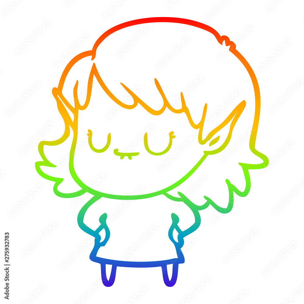 rainbow gradient line drawing happy cartoon elf girl